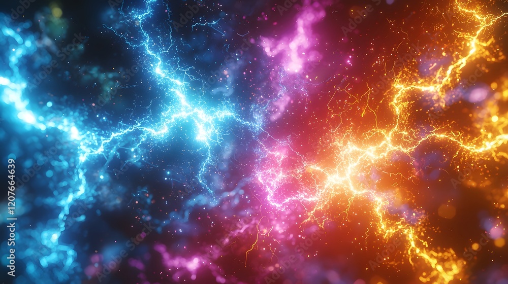 Poster Striking abstract image depicting sharp branching electrical sparks in vibrant multicolored hues
