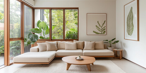 Modern Scandinavian home interior design characterized by an elegant living room featuring a comfortable sofa, mid century furniture, cozy carpet, wooden floor, white walls, and home plants