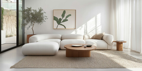 Modern Scandinavian home interior design characterized by an elegant living room featuring a comfortable sofa, mid century furniture, cozy carpet, wooden floor, white walls, and home plants