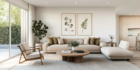 Fototapeta premium Modern Scandinavian home interior design characterized by an elegant living room featuring a comfortable sofa, mid century furniture, cozy carpet, wooden floor, white walls, and home plants