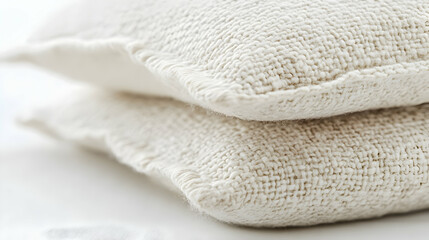 Two beige cushions, close-up, white background, interior decor