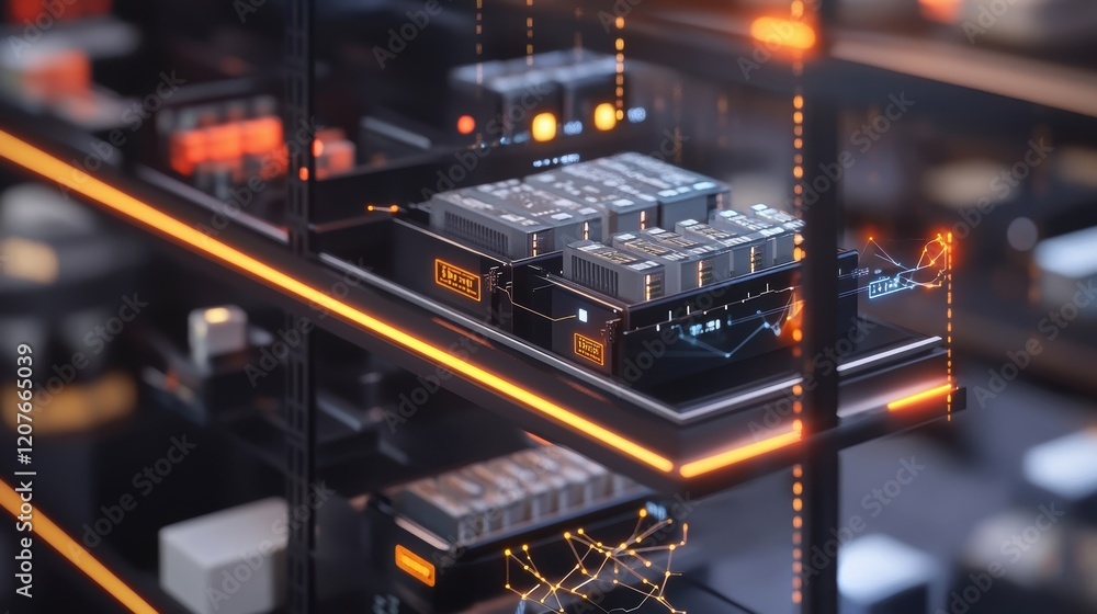 Poster glowing with a vibrant orange light, server racks fill a data center, representing cutting edge tech