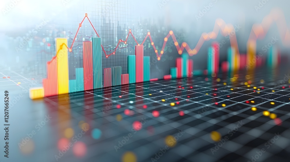 Poster Dynamic and Vibrant Combination of Colorful Line and Bar Charts Set Against a Minimalist White Background with a Faint Grid for Precision Representing Financial Data Analytics and Market Insights