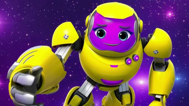 Cheerful robot expressing emotions with gesture in outer space animation