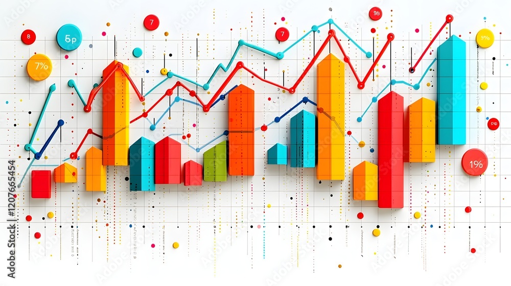 Aufkleber Detailed data visualization with vibrant line and bar charts layered on a clean minimalist white canvas featuring a subtle grid pattern