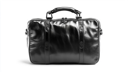 Black leather briefcase, front view isolated on a white background