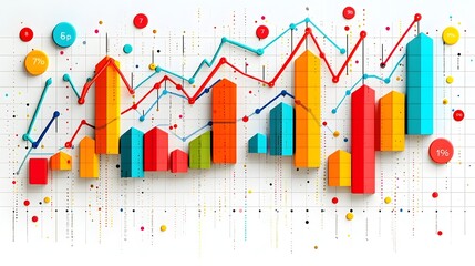 Detailed data visualization with vibrant line and bar charts layered on a clean minimalist white canvas featuring a subtle grid pattern