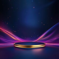 Obraz premium Abstract Futuristic Podium with Glowing Neon Waves and Sparkles.