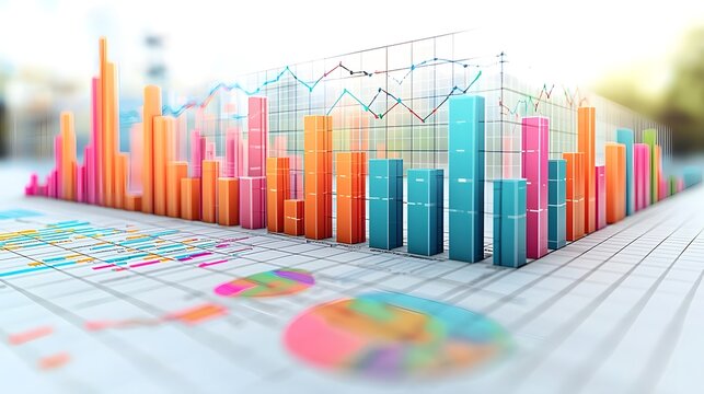 Striking data visualization design featuring vivid line and bar charts against a clean white background with a subtle grid overlay creating an eye catching and modern infographic for business finance