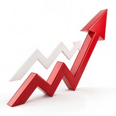 3D red arrow, upward trend, financial growth, stock market rise, glossy surface, dynamic shape,