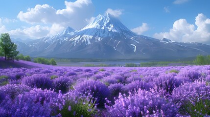 Obraz premium Lavender Fields and Majestic Mountain Peaks Under a Sunny Sky