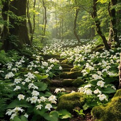 Fototapeta premium Aromatic white trillium plants grow in abundance amidst ferns and moss in forest, underfoot, vivid, dappled light, greenery