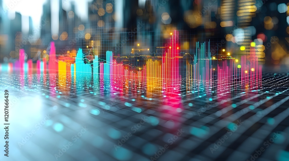 Poster Stunning data visualization combining multicolored line and bar charts set against a white background with a gentle grid pattern  The abstract futuristic composition creates an innovative
