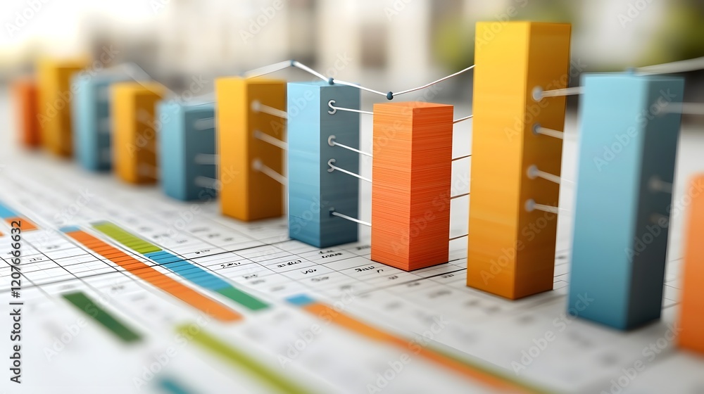 Poster Vibrant and Layered Data Visualization with Colorful Charts Bars and Lines Overlaid on a Clean Grid Background for a Modern and Informative Presentation