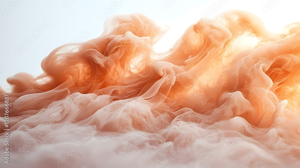 Poster Warm Toned Smoke with Soft Flowing Curves Gently Drifting on a Clean White Background Capturing a Sense of Grace and Warmth