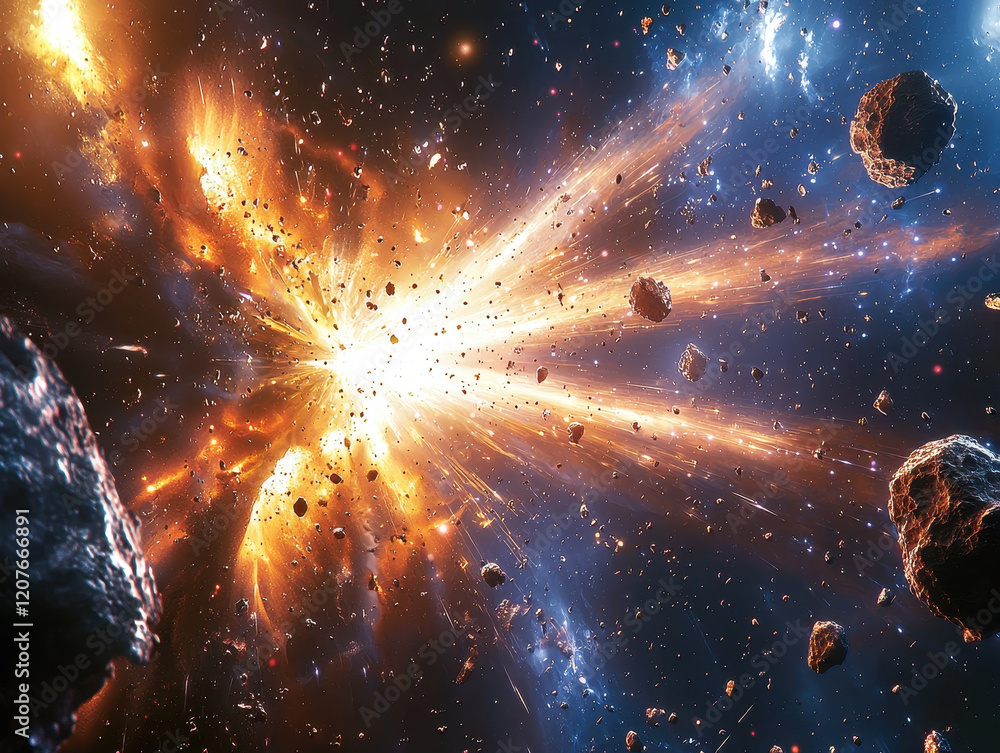 Poster witnessing spallation in space as cosmic rays interact with asteroids and create spectacular bursts 
