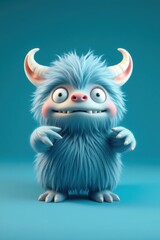 Fototapeta premium Adorable fluffy blue monster with horns, standing against a teal background. A cute and friendly creature, perfect for children's books or playful designs.