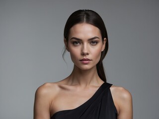 Beautiful woman wearing a sleek asymmetrical dress poses confidently against a minimalist gray backdrop in a studio setting, showcasing elegance and poise