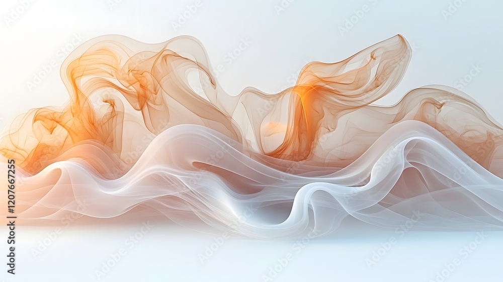Poster warm hued ethereal smoke drifting with elegant flowing shapes on clean white background emphasizing 