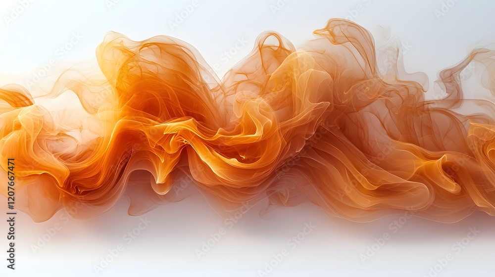 Poster elegant and graceful smoke swirls in warm tones drifting across a clean white background creating a 