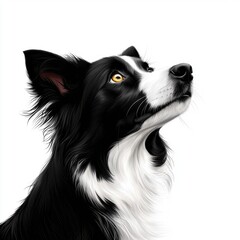 Obraz premium A black and white dog with a yellow eye is looking up at the camera