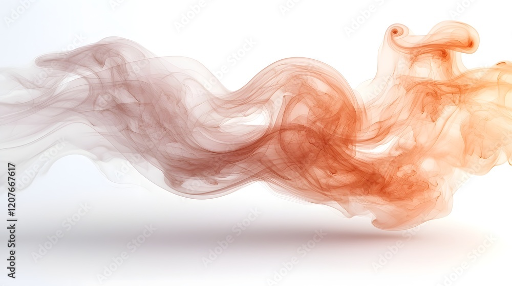 Aufkleber Gracefully dancing smoke in warm tinted hues forms soft fluid curves and patterns gently floating on a clean minimalist white background for a serene captivating composition