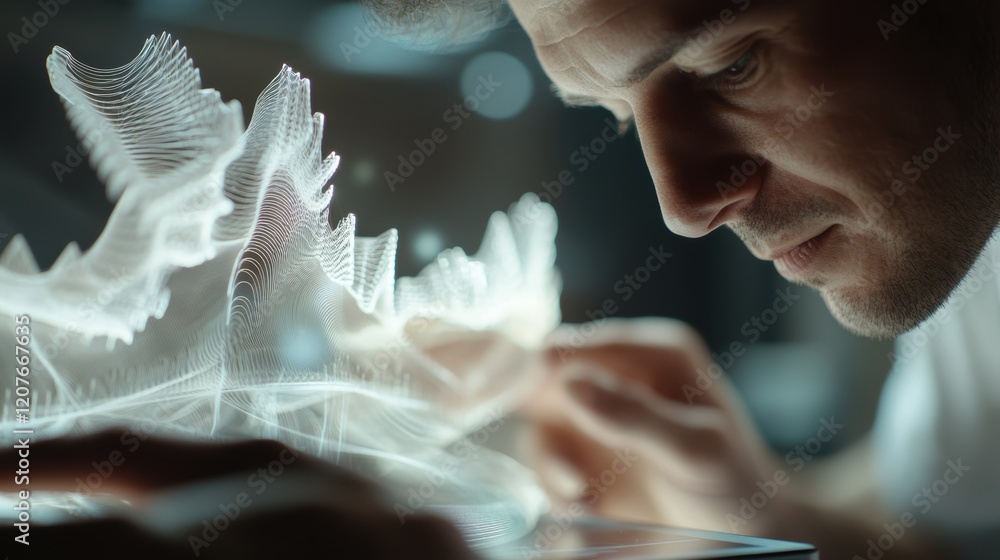 Aufkleber computer engineer manipulating complex data structures, visualizing a holographic projection of info