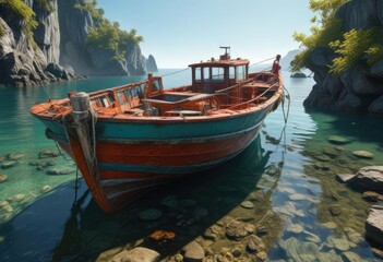 Fototapeta premium Barnacle-covered boat docked in shallow water, rocky shoreline, boat repair, coastal scenery