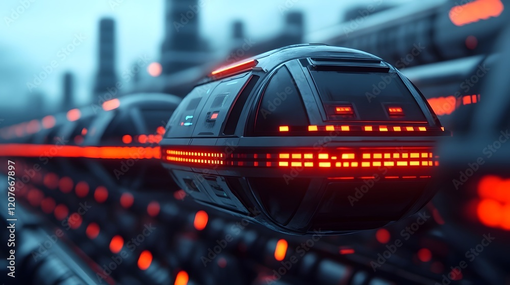 Poster futuristic hovering pods connected by glowing paths forming a cyberpunk-inspired network