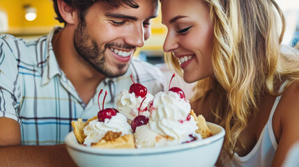 Happy couple sharing a delicious ice cream sundae with cherries and waffles