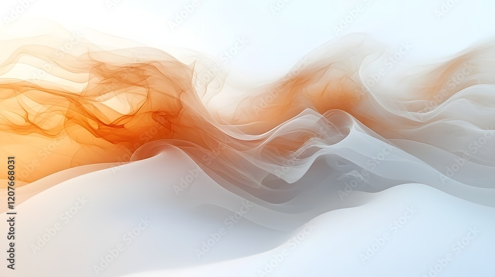 Poster Delicate warm toned smoke patterns gently swirling and flowing in graceful ethereal curves against a pristine white backdrop creating a serene atmospheric and meditative visual experience