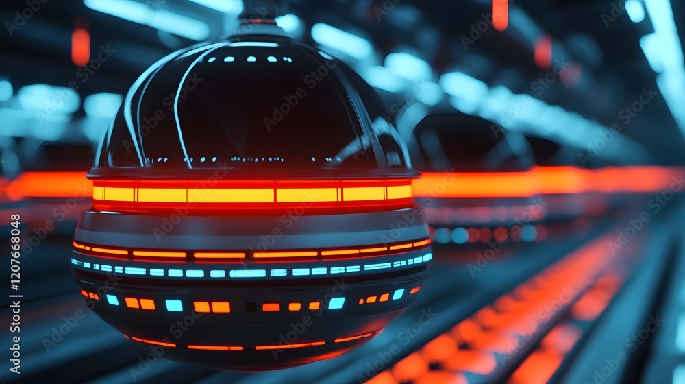 Poster futuristic hovering transport pods linked by glowing paths in a digital network