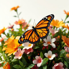Beautiful monarch butterfly landing on a vibrant floral arrangement, nature, wildlife, vibrant