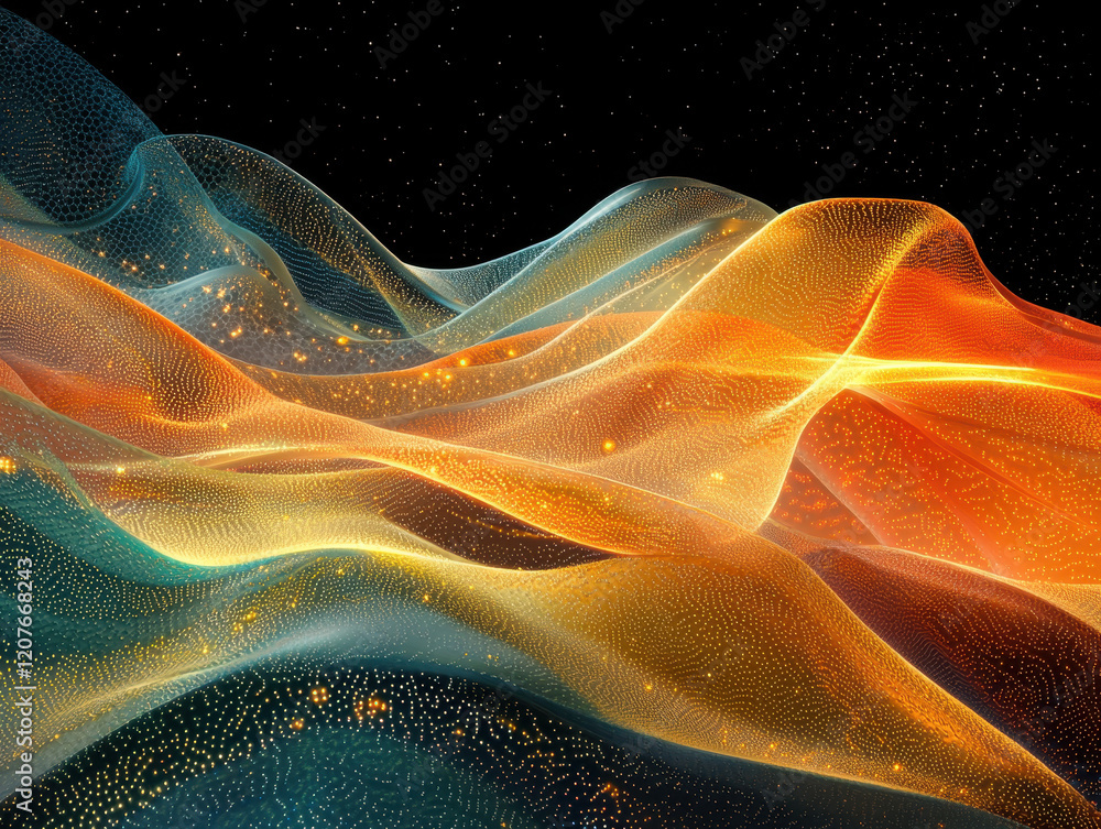 Aufkleber futuristic digital landscape revealing spallation process with glowing fractal energy fields and par