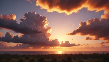 Beautiful natural phenomenon of sunset with cloudy sky, overcast, atmospheric