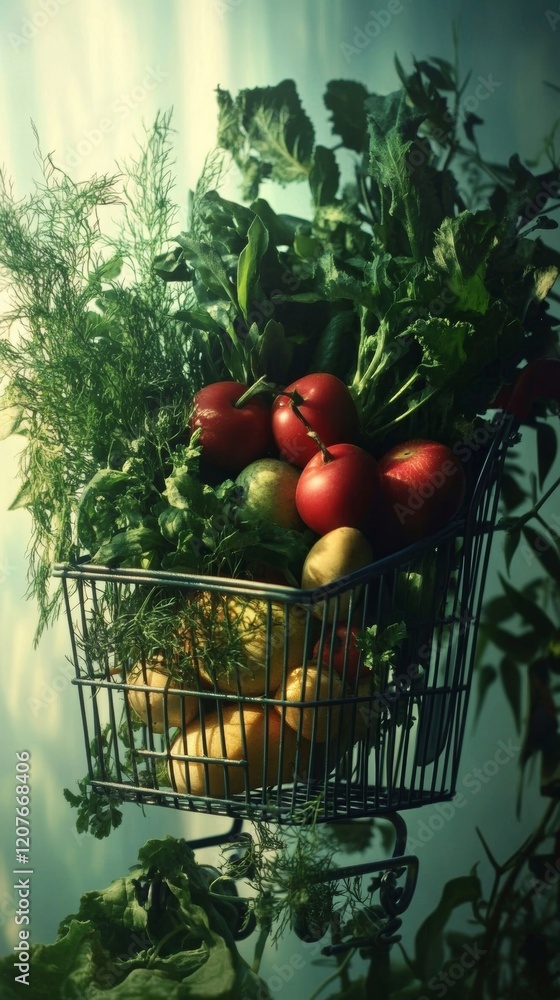 Poster miniature shopping cart filled with assorted fresh fruits and vegetables on a soft gradient backgrou