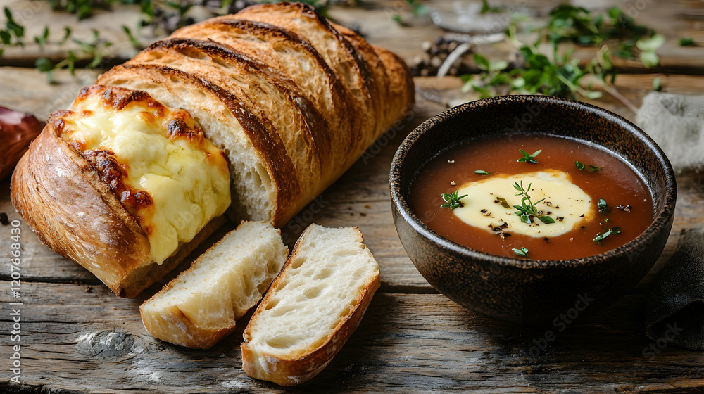 Poster a rustic image of a cheese-stuffed baguette sliced neatly and served with a bowl of soup on a wooden