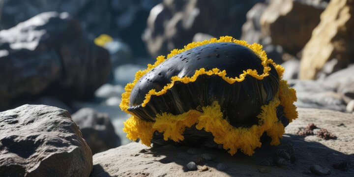 Black and yellow tunicate encrusting on a rocky outcropping, benthic zone, ocean floor