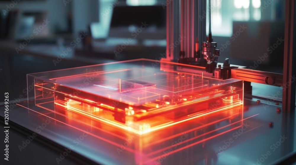 Poster modern 3d printing technology fabricating a microchip or electronic component within a transparent e