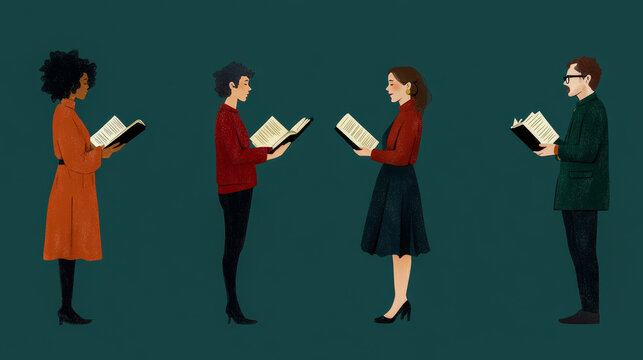 Four individuals sing passionately to one another in a crowded room, their voices blending in perfect harmony.