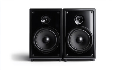 Obraz premium Black subwoofers with square speaker faces on a white background