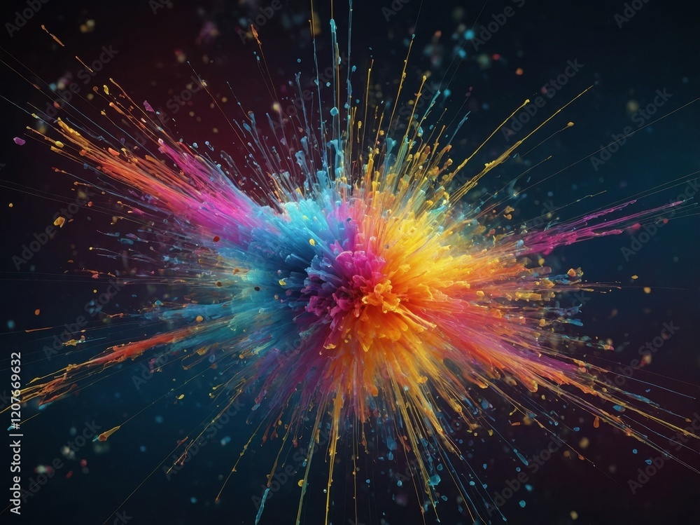Poster vivid rendering of spallation showcasing colorful explosive effects in a dramatic display of motion 