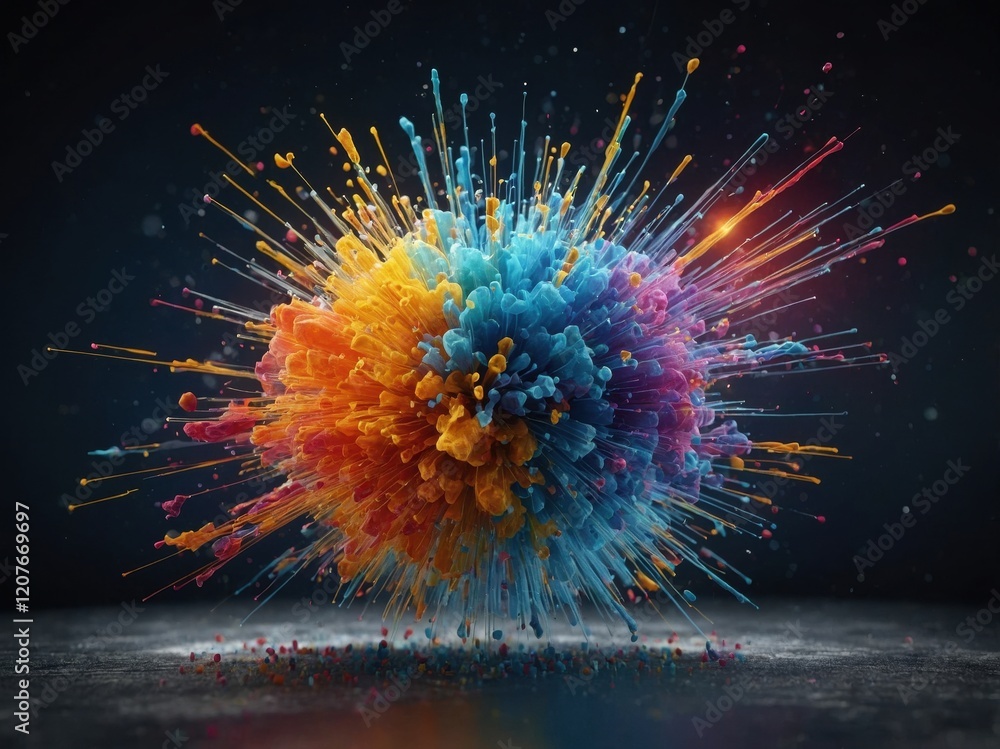 Poster rendering of spallation illustrates dynamic explosion of colors and particles representing kinetic e