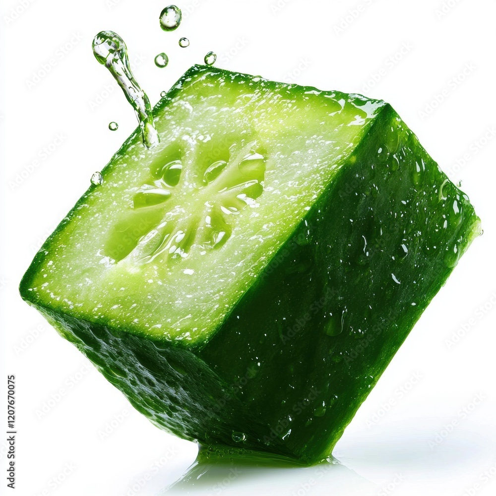 Poster a cube of cucumber is cut in half and has water droplets on it