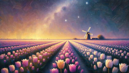 柔らかな色彩で描いたチューリップと風車の風景。
花畑と星空が織りなす調和の瞬間。
自然が奏でる優しい色彩のハーモニー。
風車と花畑の安らぎの情景。
穏やかな夜に包まれるチューリップの花畑。
柔らかな光に包まれる田園風景。
心を穏やかにする色彩の風景画。
Generated by AI.
