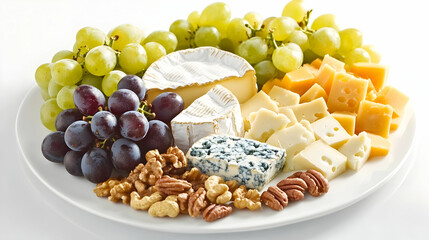A vibrant cheese platter featuring Brie, Gouda and blue cheese paired with fresh grapes and nuts on a clean white plate