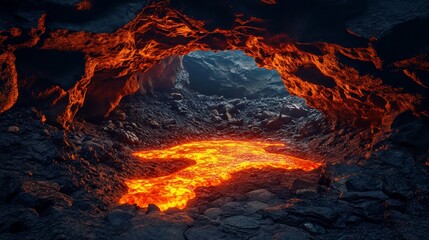 Inferno's Embrace: A Glowing River of Molten Rock Seen from a Volcanic Cave