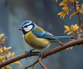 Fototapeta premium Blue tit perched on a branch with a few leaves and twigs, wildlife art, blue tit, branch
