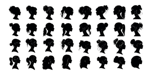 Woman heads profile black ink sketch silhouettes. Female hairstyles pixie cut bob long waves lob layered ponytail braids buns profiles faces portraits avatars isolated set