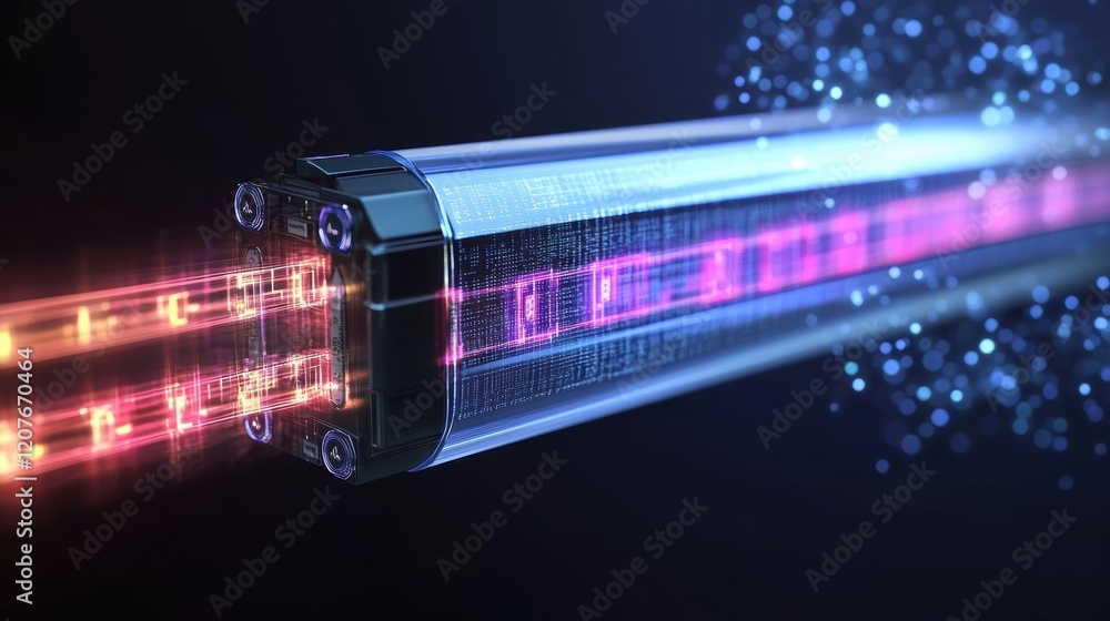 Poster futuristic fiber optic cable transferring data with glowing lines of code, symbolizing high speed in